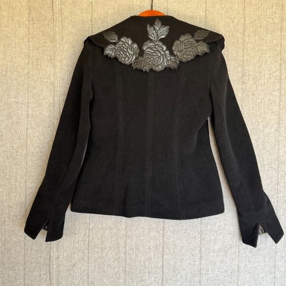 Vintage Newport News Black Wool Blend Faux Leather Floral Applique Collar Coat - Picture 8 of 14